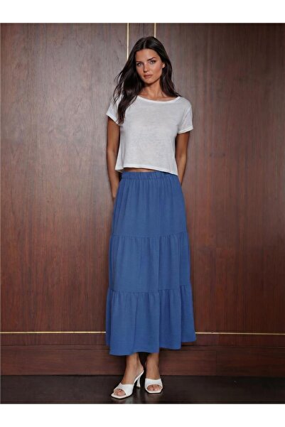 WeShaya Indigo Ayrobin Flexible Textured Elastic Waist Straight Cut Layered D...