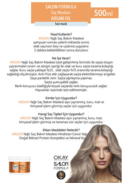 OKAYPROFESSIONNEL SALON FORMULA Çok Yıpranmış ve Kuru Saçlar İçin 2'li ARGAN Saç Maskesi (500ml x 2 adet)