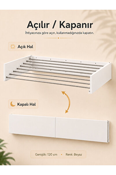 Genel Markalar Belize 120 cm Çamaşır Kurutma Askısı 7 Gözlü Duvara Monte Çama...