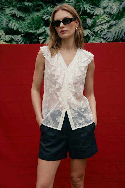 Sateen Ruffled Embroidered Chiffon Shirt - Ecru