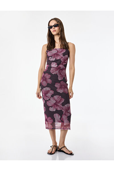 Koton Rochie bodycon midi din tul cu guler pătrat și imprimeu floral