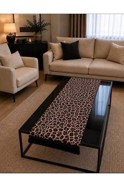 Karam Home “Leopar Desenli Püsküllü Runner – 2 Kenar Püskül, Dekoratif Masa &...