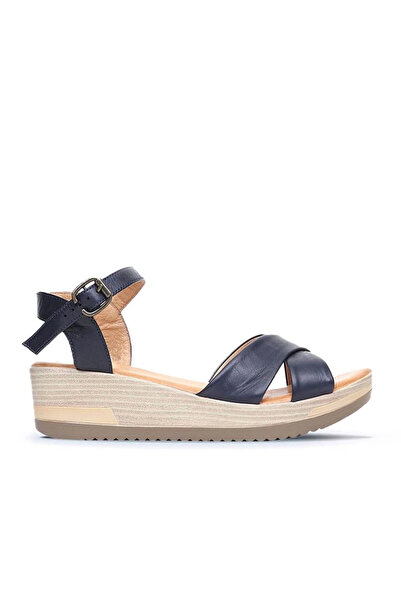 BUENO Shoes Navy Blue Leather Women's Wedge Heeled Sandals 01Wl3303