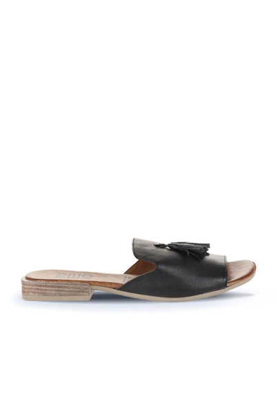 Bueno Shoes صندل مسطح نسائي من الجلد باللون الأسود والبيج 01wq5615