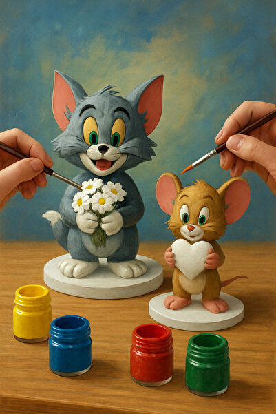 FDM DEKOR Tom ve Jerry Figür Boyama Seti 2 Figür 6 Renk Boya 2 Fırça Kendin B...