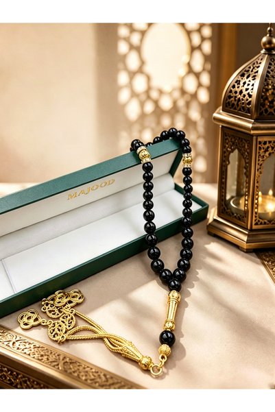 MAJOOD 33 سبحة صلاة من العقيق الأسود الطبيعي/تسبيح/8 مم/للرجال والنساء/هدية رمضانية مثالية