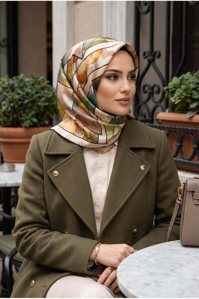 Vissona %100 Twill İpek Bahar Çiçekleri Desenli Haki Yeşil - Vizon Renkli 90x...