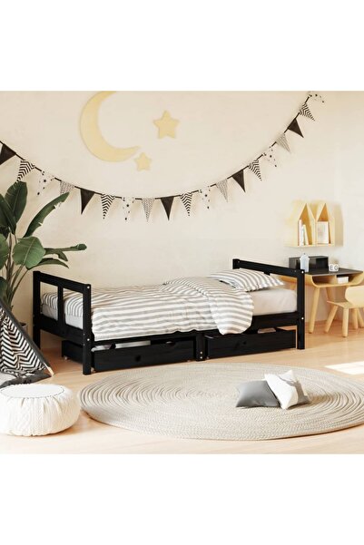 Concept Cadru de pat copii cu sertare, negru, 80x160 cm, lemn masiv pin
