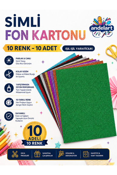 andelart Simli Fon Kartonu 25x35 cm 10'lu Karışık Renk | El İşi, Okul Etkinli...