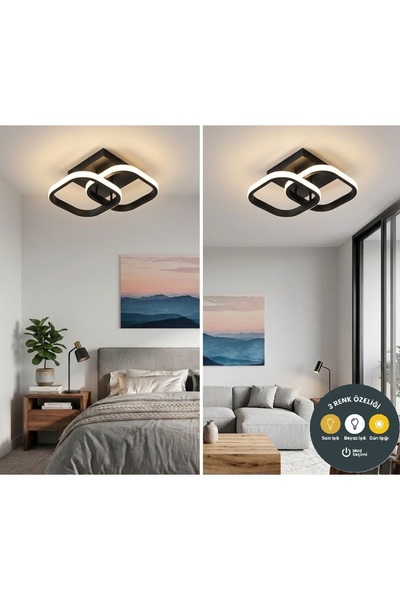 Lzy Avize Store 3 Renk Çift Kare Plafonyer Avize Siyah Modern Tavan Aydınlatm...