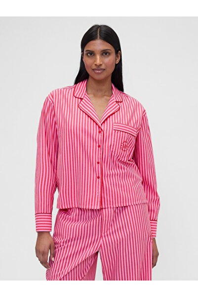 GAP Kadın Kırmızı × Summer Fridays Relaxed Poplin Çizgili Pijama Üstü