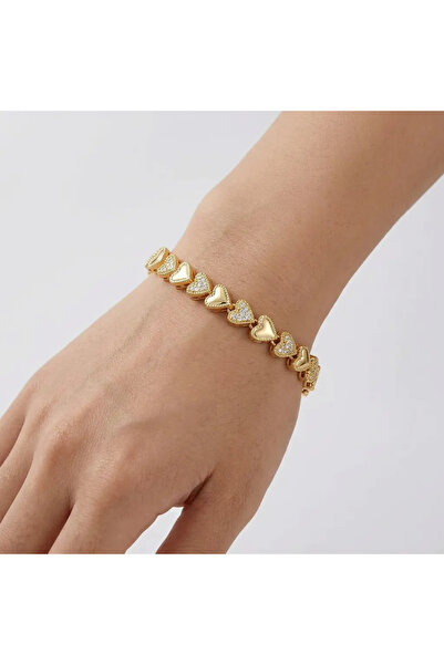 Siya Silver Özel Seri Zirkon Taşlı 14K Kalpli Çelik Bileklik