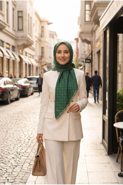 Vissona %100 Twill İpek Geometrik Desenli Zümrüt Yeşili Renkli 90x90 Eşarp Di...
