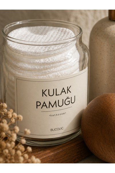 BUCOLIC 2’li Ahşap Top Kapaklı Cam Pamukluk Seti – Ahşap Standlı | Beyaz Etiket (Pamuk & Kulak Pamuğu)