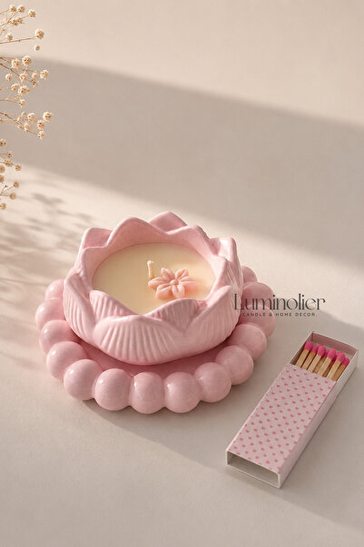 Luminolier Pembe Lotus Mum Seti 3’lü – Kiraz Çiçeği Kokulu Doğal Soya Mum, De...