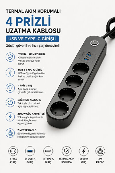 Yenilig Termal Akım Korumalı 4 Prizli USB ve Type-C Girişli Uzatma Kablosu 25...