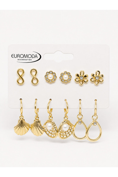 EUROMODA Gold Renk İncili Deniz Kabuğu Figürlü 6'lı Küpe Seti