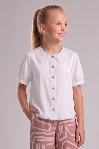 Pafim Girls' Lace Collar Shirt, Short Sleeve Viscose Summer Shirt, 7-14 Years...