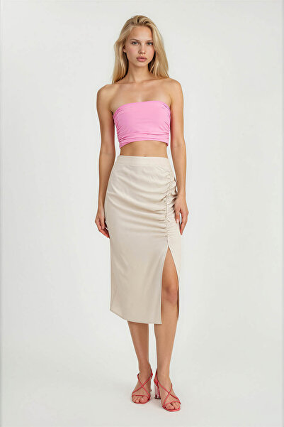 Vitrin Gathered Front Slit Midi Skirt