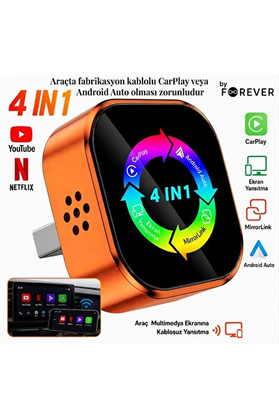by forever 4-İN-1 Kablosuz Araç Ekran Yanstıcı ve Carplay Adaptörü Kablosuz D...