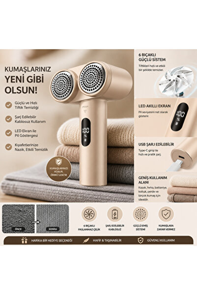 Nettech Rtako Kumaş Tıraş Makinesi, Şarj Edilebilir Tüy Sökücü, LED Ekranlı E...