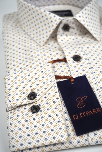 elitpark Square-Dot Patterned Cream Long Sleeve Cotton Pocket Casual Fit Premium Men's Shirt