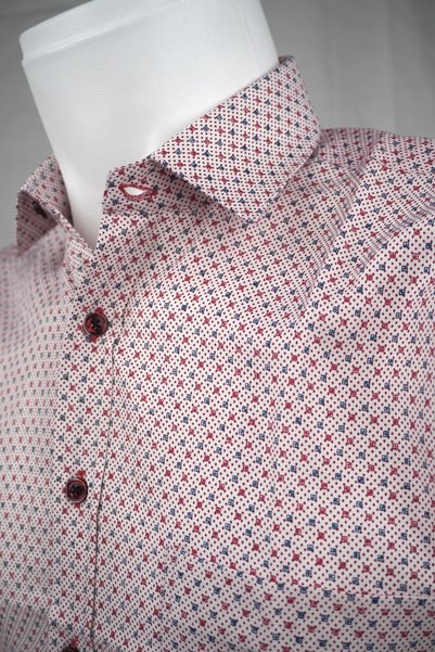 elitpark Square-Dot Patterned Claret Red Long Sleeve Cotton Pocket Comfortable Fit Premium Men's Shirt