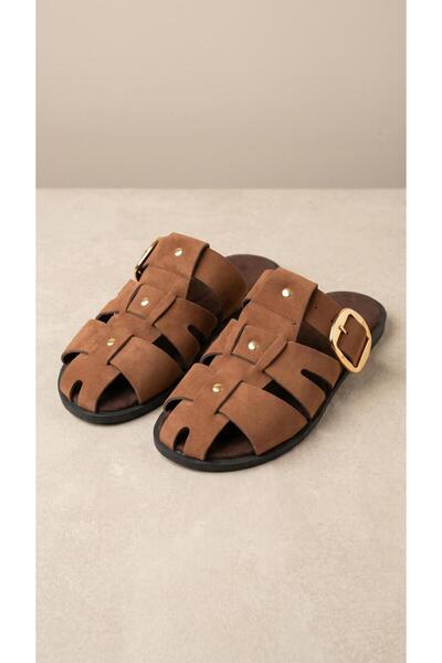 Beyond Women's Brown Studded Detailed Buckle Cage Model Suede Slippers 1.5cm ...