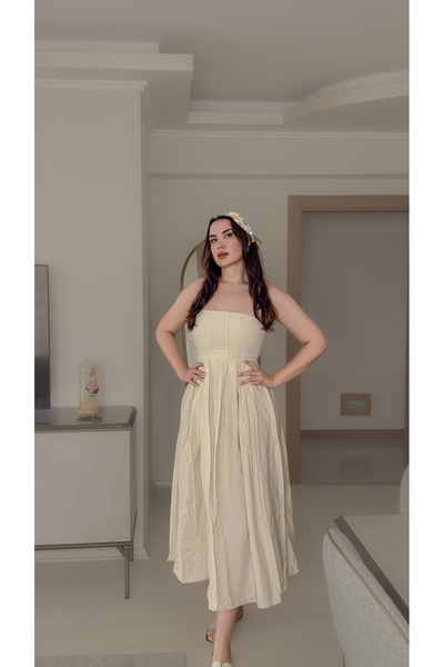 MODA Straplez Pile Detaylı Uzun Elbise