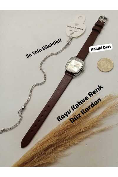 Brality Minimal Vintage Retro Women's Wristwatch, Dark Brown Color Genuine Le...