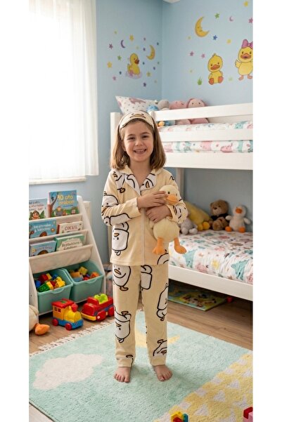 ALİŞ KİDS Girls' Cotton Fabric Suede Yellow Chick Patterned Sleep Banded Shir...