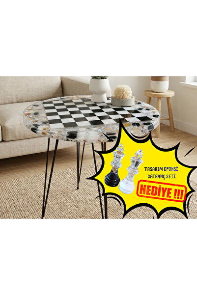 SHEKİLHOME Epoksi Siyah Beyaz Satranç Sehpası