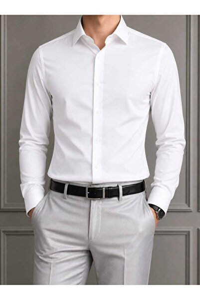 cto your style Slim Fit Dar Kesim Düz Sert Yaka Uzun Kollu Kolay Ütü  Dört Me...