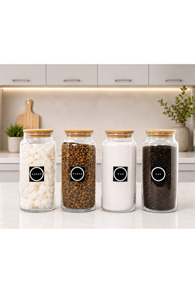 mafa home 4'lü Ahşap Vakum Kapaklı Çay Kahve Şeker Tuz Cam Saklama Kavanozu 1...