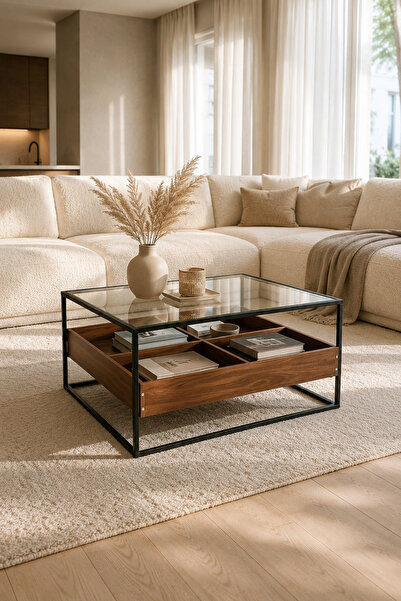 MARIA HOMES طاولة قهوة زجاجية عصرية مع حجرات تخزين خشبية وإطار أسود - 80×80×45 سم