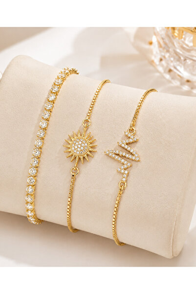 Merand 3-Piece Women's Steel Bracelet Set with Zircon Stones, Sun and Zigzag ...