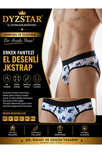 DYZSTAR Erkek El Desenli JKstrap Fantazi İç Giyim Alt Parça Beyaz-Siyah