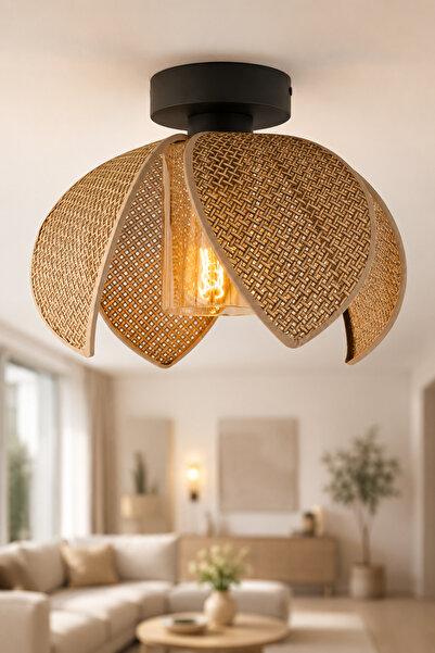 NisaLuce Nisa Luce Lusora Metal Plafonyer avize-4 KANATLI-CAMLI-Hasır kahve