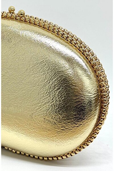 NAZART Kadın Kırışık Cilt Altın Abiye Clutch Zincir Askılı El ve Omuz Düğün Nişan Gece Çantası