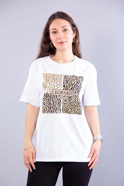 Mckanzie 2002 Tricou cu decolteu în formă de O, cu imprimeu leopard și pietre