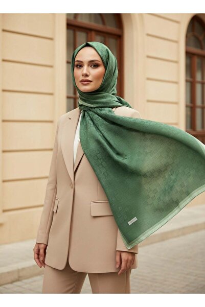Vissona %57 İPEK %43 PAMUK MONOGRAM DESENLİ ZÜMRÜT YEŞİLİ RENKLİ 70X190 ŞAL