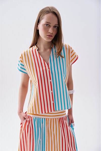 Mudo Women's White Striped Low Sleeve Shirt