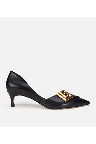 Hotiç Women's Black Leather Gold Buckle Short Heeled Stiletto