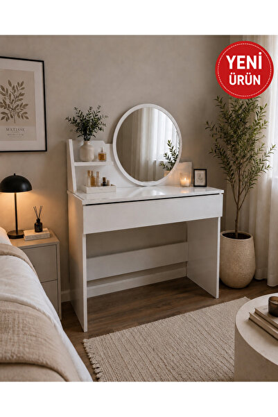 Circle Vanity Table With Drawer Shelf Mirror Jewelry Organizer White