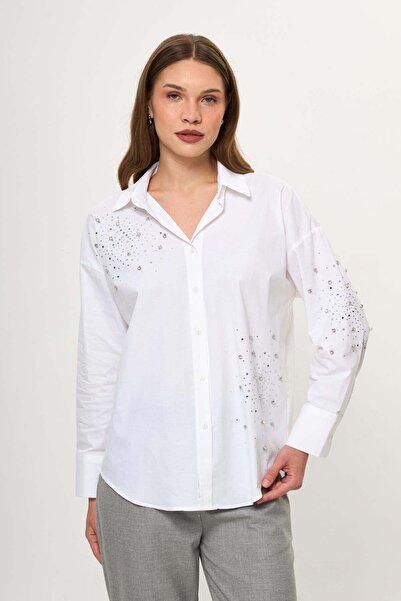 TIFFANY&TOMATO Önü ve Kolu Taşlı Poplin Gömlek