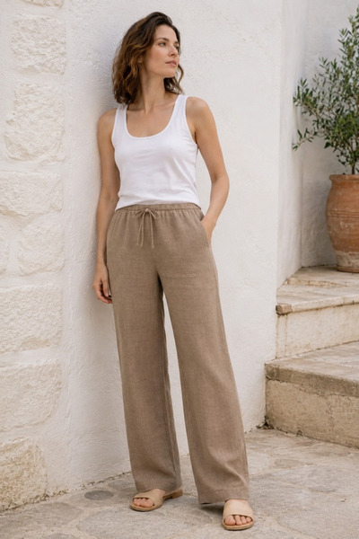 The Cotton Kadın Camel Renk %100 Pamuk Müslin dokuma Relaxed Straight Pantolon