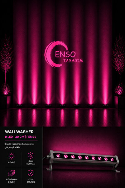 Enso Tasarım 9W 30 cm Pembe LED Wallwasher Dış Cephe Duvar Cami Bahçe Aydınlatma