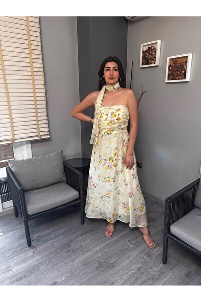 Şen butik Ekru straplez Fularlı Çiçek Desen Elbise