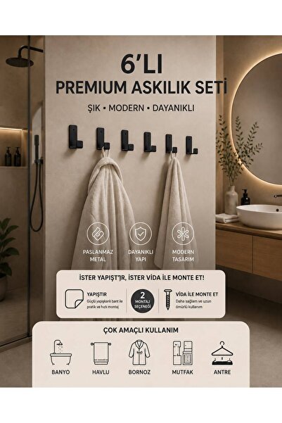 ELİSA Mat Siyah Metal Banyo Askılığı 6’lı Duvar Askısı | Havlu Bornoz Askısı ...