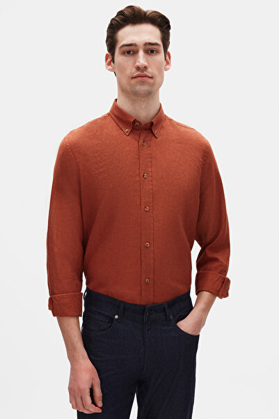 D'S Damat Πουκάμισο Ds Damat Comfort Cinnamon Plain 100% λινό